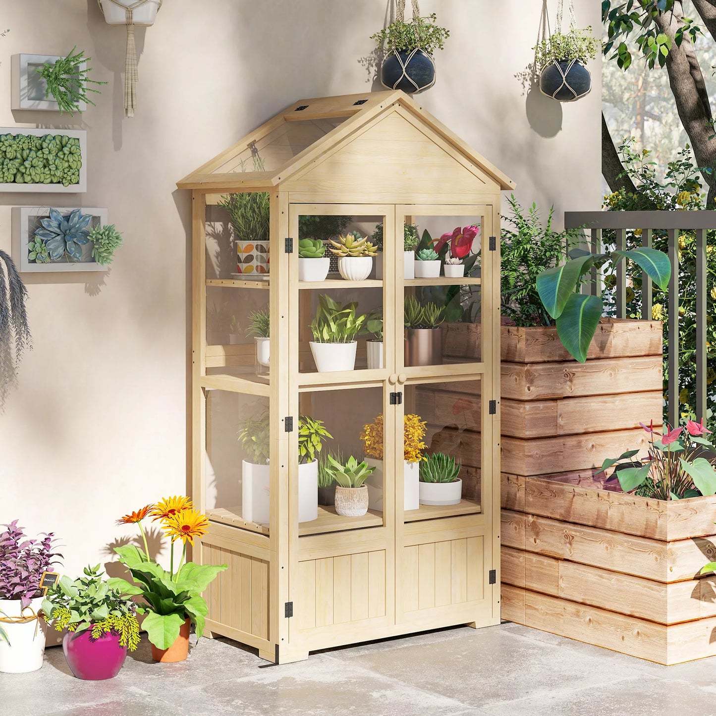 Šiltnamis su lentyna, stoglangiu, rakinamomis durimis, akrilas, medinis rėmas, 100 x 56,5 x 178 cm