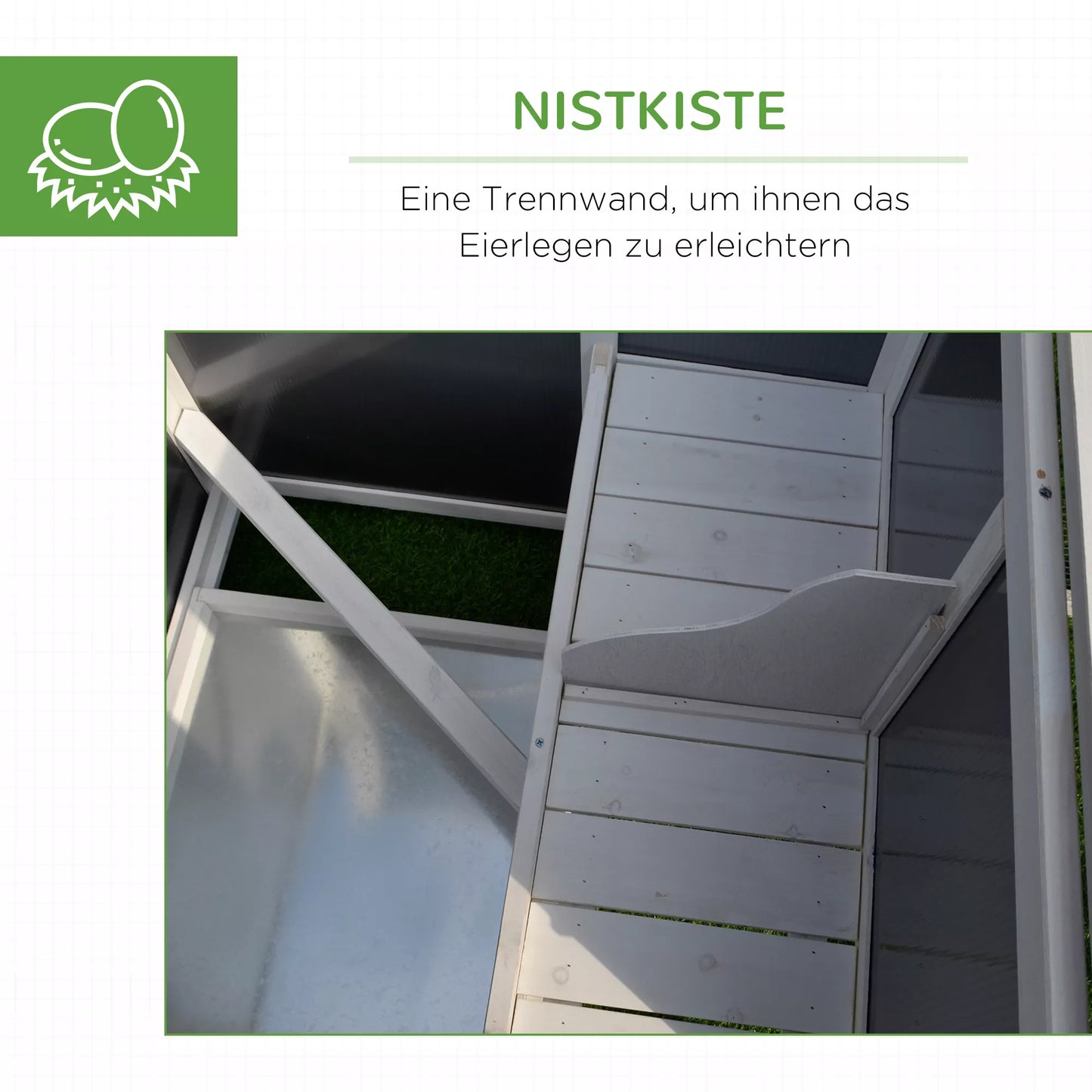 Vištidė vištų namelis, tinkama 1-2 vištoms, su lizdų dėže, 2 skyrių kiaušinių dėžė, pušis, pilka+balta, 160 x 75 x 80 cm