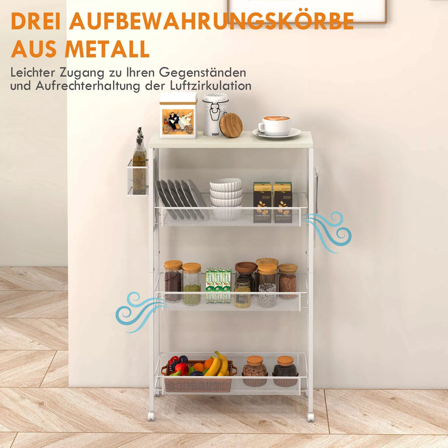 Siauras vežimėlis, universalus virtuvinis vežimėlis, 3 lentynos, kabliukai, 58 cm x 18,5 cm x 87 cm, baltas