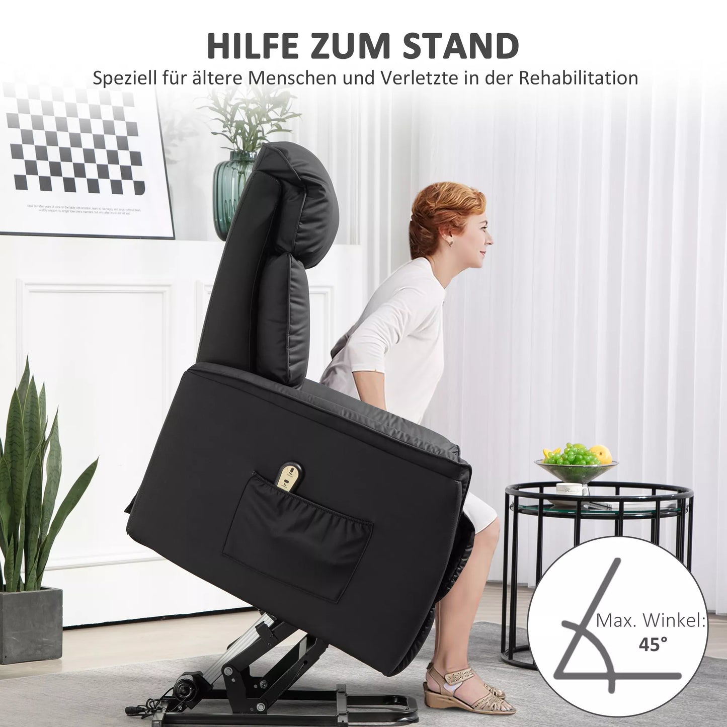 Elektrinis krėslas su pakėlimo funkcija, TV fotelis, fotelis su atlošo pakėlimo funkcija, su poilsio funkcija, dirbtinė oda, 80 x 94 x 104 cm, juodas