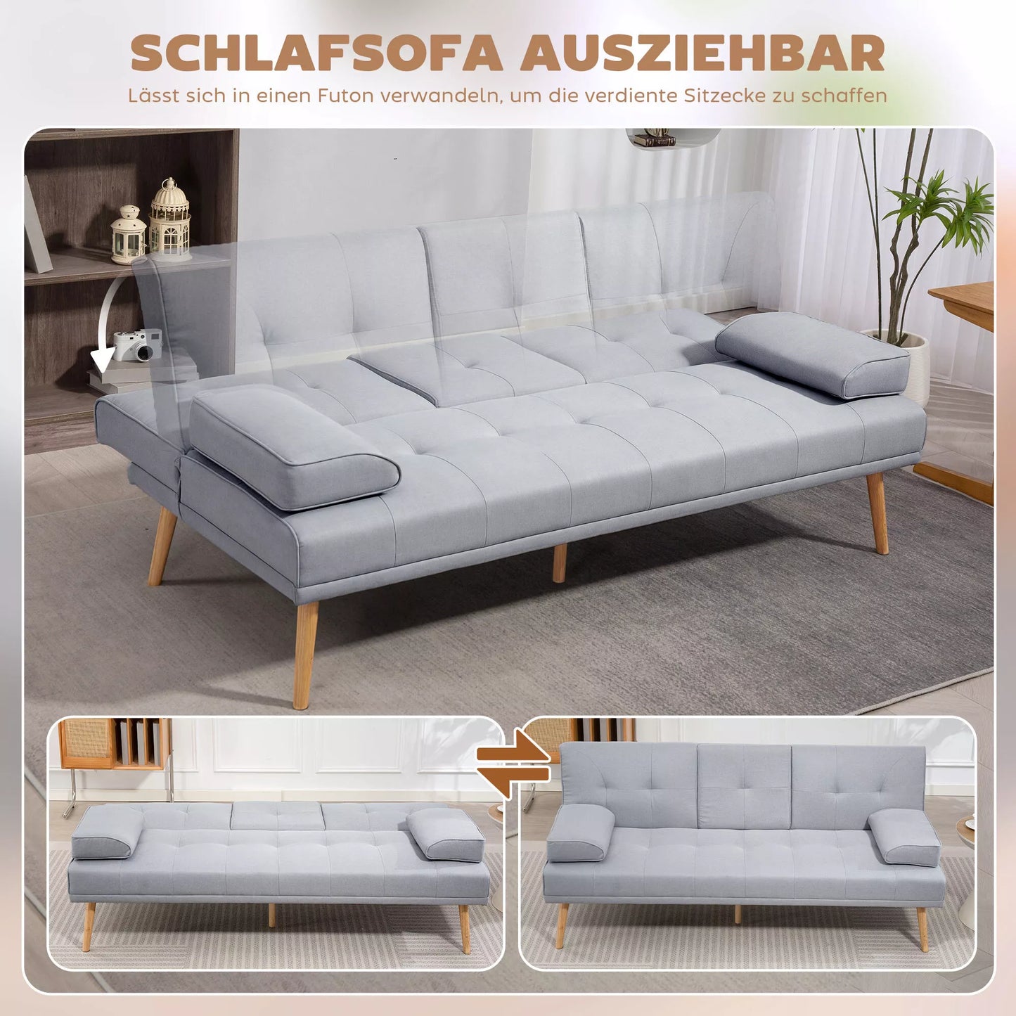 Miegamoji sofa, 3 vietų sofa, miegamoji sofa su sulankstomu staliuku, puodelių laikikliu, lova-sofa su lino išvaizda, svečių lova svetainei, šviesiai pilka