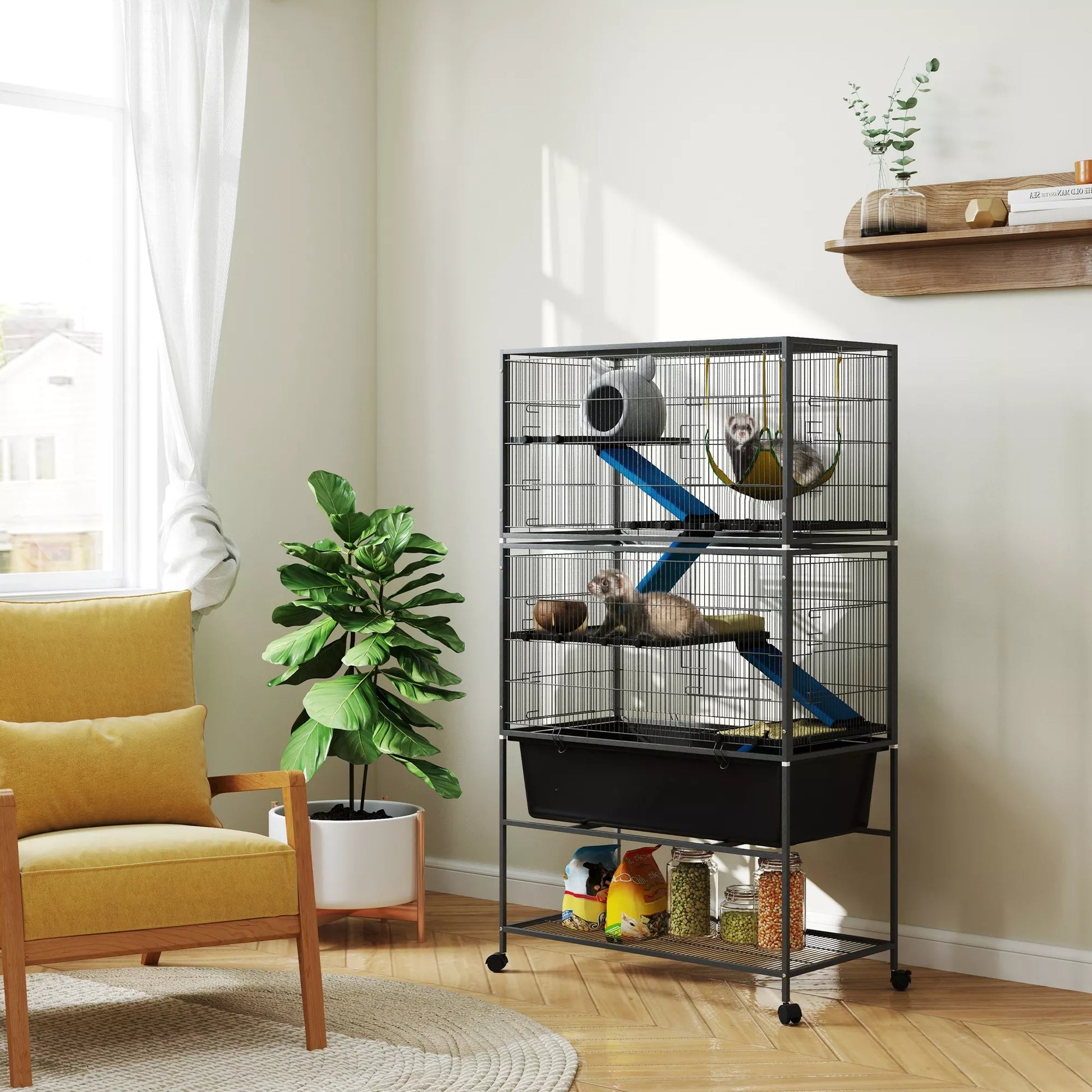 Mažų gyvūnų narvas, naminių gyvūnų narvas su 5 lygiais, neslidžios rampos, hamakas, 88 x 48 x 150,5 cm, tamsiai pilkos spalvos