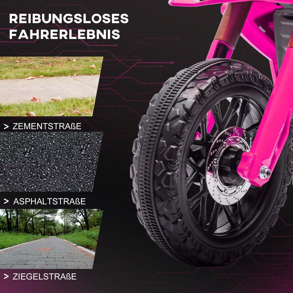 Rožinio elektrinio motociklo priekio amortizatorius ir didelių padangų detalė, artimas vaizdas