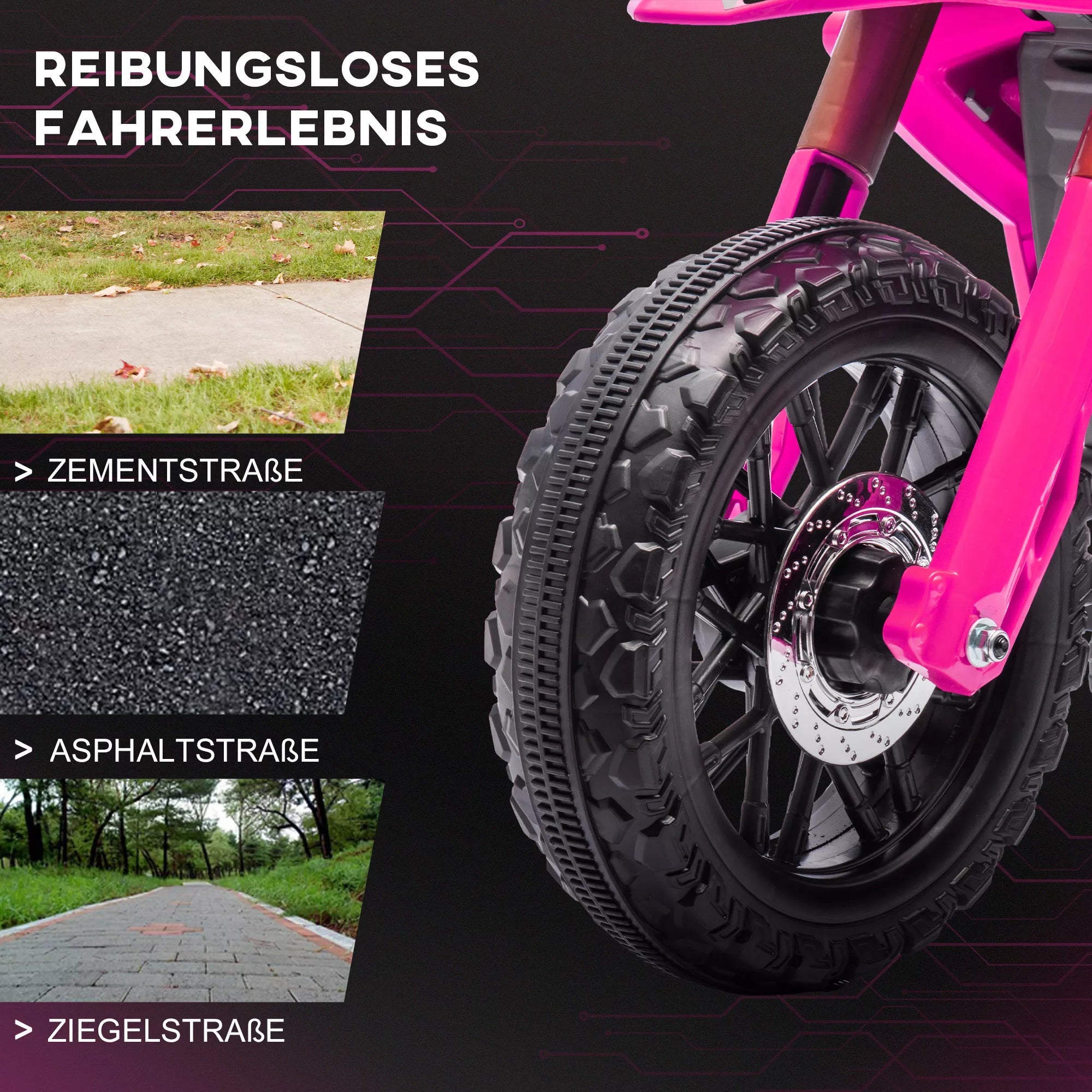 Rožinio elektrinio motociklo priekio amortizatorius ir didelių padangų detalė, artimas vaizdas
