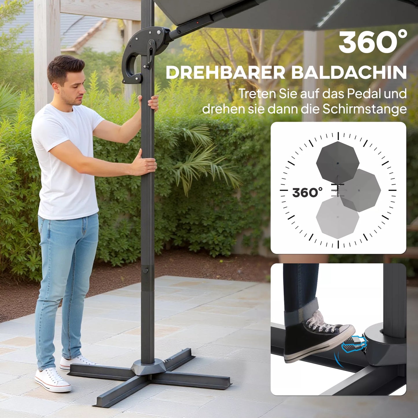 Alu Pastatomas skėtis su LED Saulės energija Ø300 cm, reguliuojamo aukščio, su rankenėle, UV50+ tamsiai pilkos spalvos