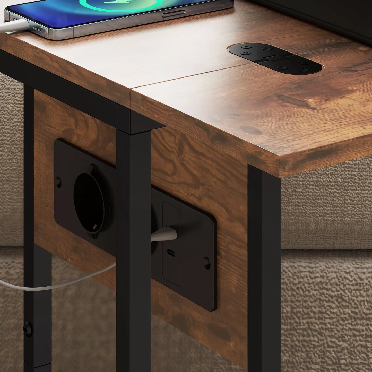 Sulankstomas staliukas, įkrovimo stotelė su USB prievadais, metalas, 39 x 29 x 57 cm, ruda