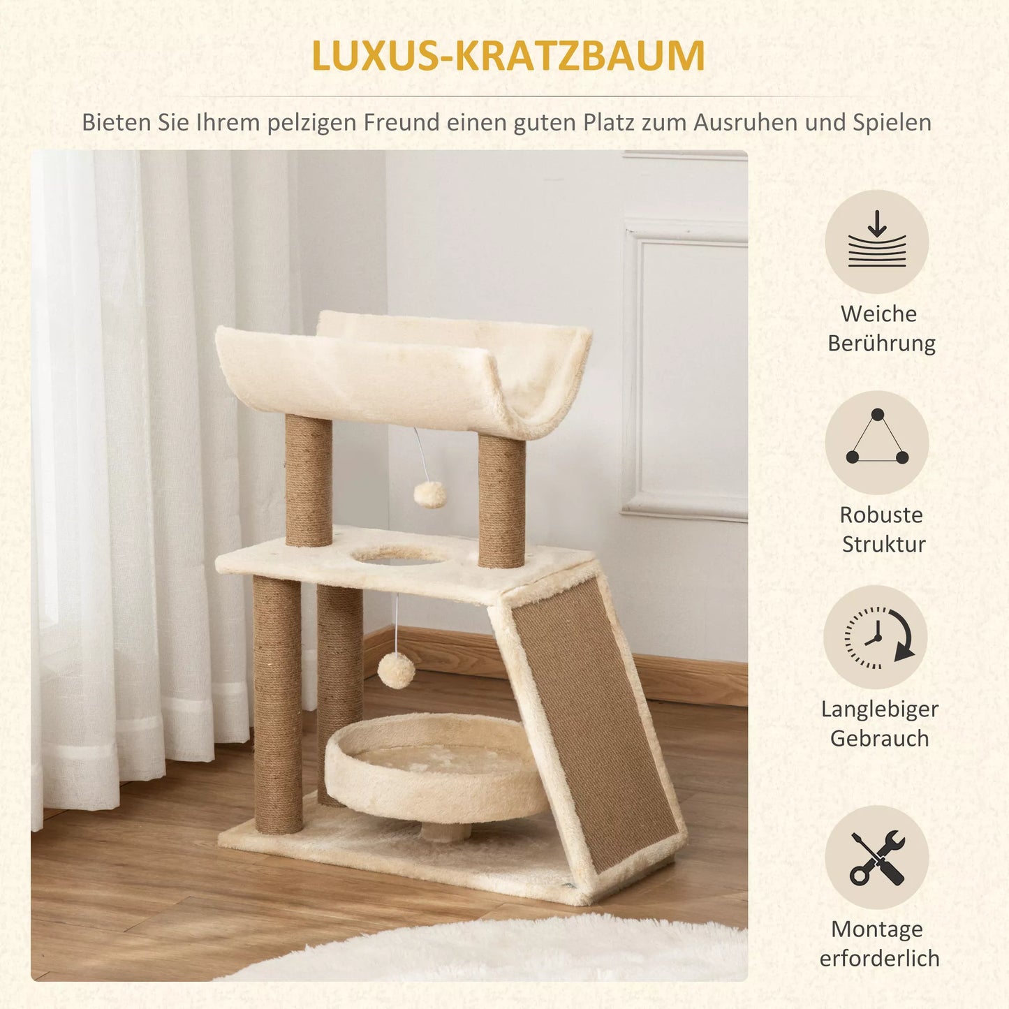 Kačių draskyklė-namelis, su žaislu ir kačių guoliu, 60 cm x 30 cm x 76 cm, kremas + natūralios spalvos