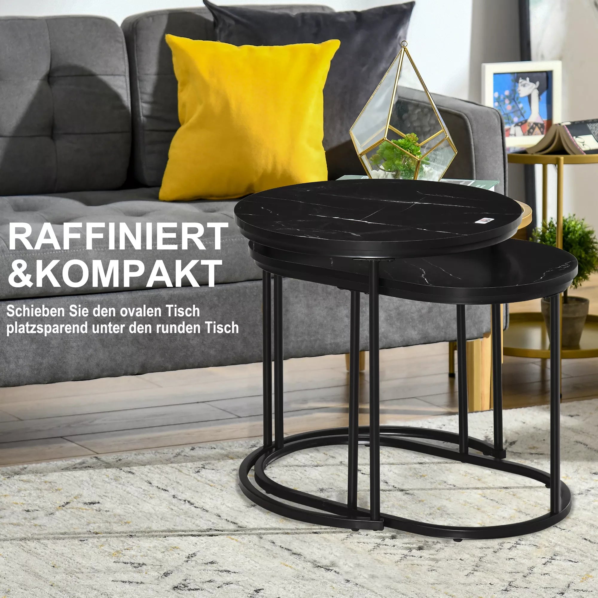 2 vnt. rinkinys: ovalo formos ir apvalus kavos staliukas, sukraunami, marmuro imitacija, MDF, metalas, Ø50 x 50,5H cm, juodos spalvos