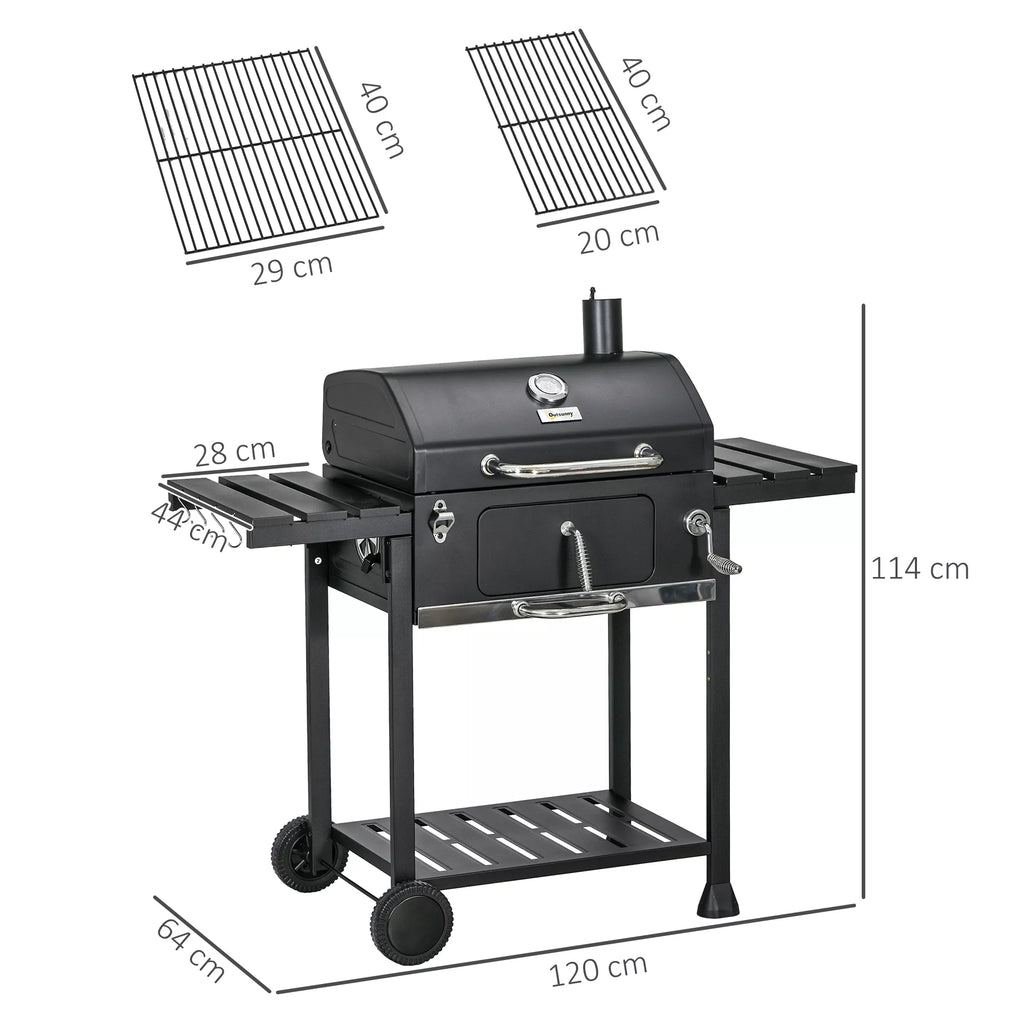 Anglies grilis-barbekiu-rūkynė, su termometru ir butelių atidarytuvu, 120 x 64 x 114 cm, juodos spalvos