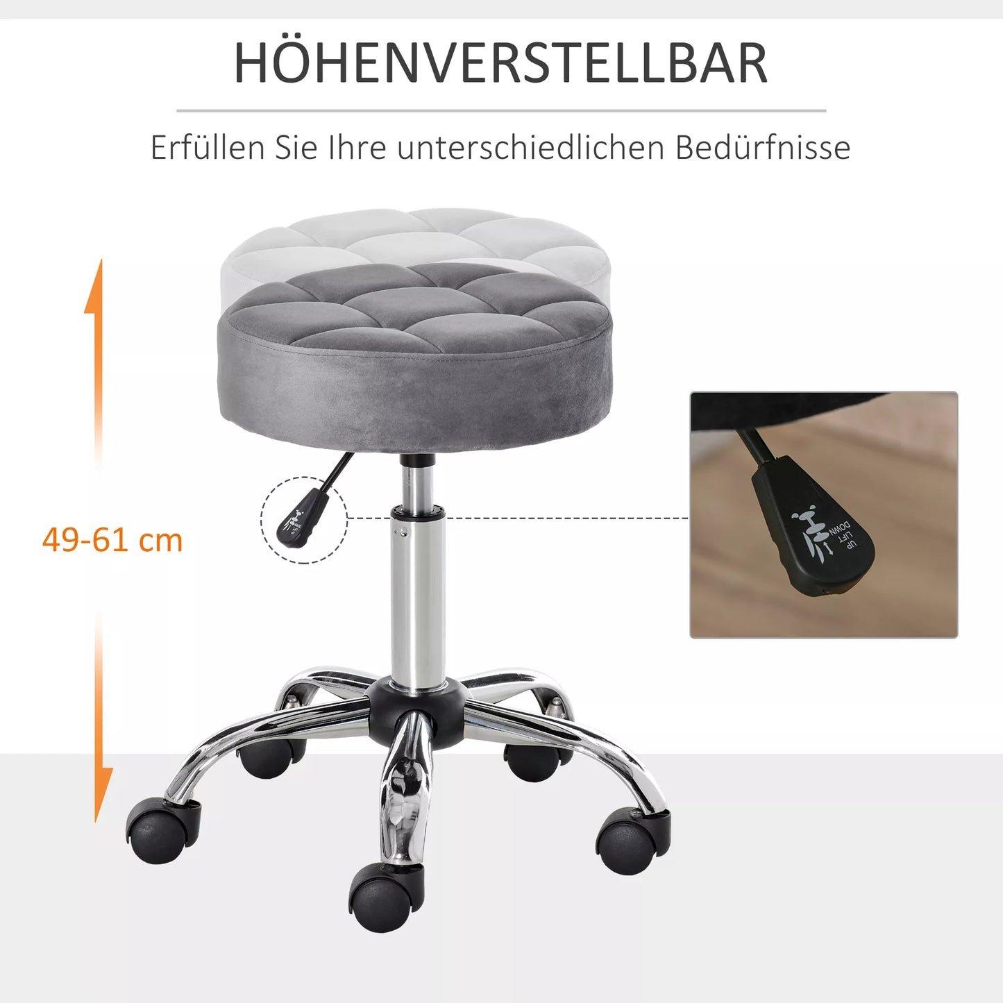 Salono kėdė su ratukais, ratukinis pufas, reguliuojamas aukštis, besisukantis, aksominis lietimas, putų užpildas, chromo pagrindas, šviesiai pilka, 35 x 35 x 49-61 cm