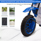 Mėlyno vaikų motociklo ratai su įvairių grindų pavyzdžiais