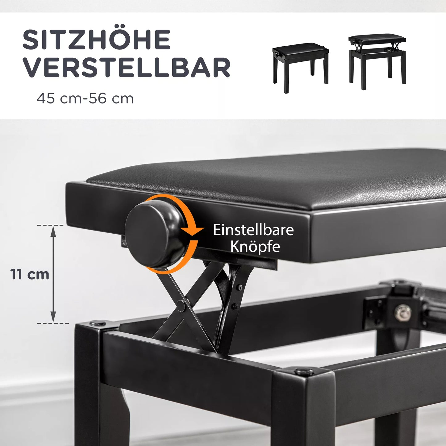 Reguliuojamo aukščio pianino suolas, elegantiškos blizgios apdailos, dirbtinė oda + kaučiukmedžio mediena, juodas, 63 x 33 x 56 cm