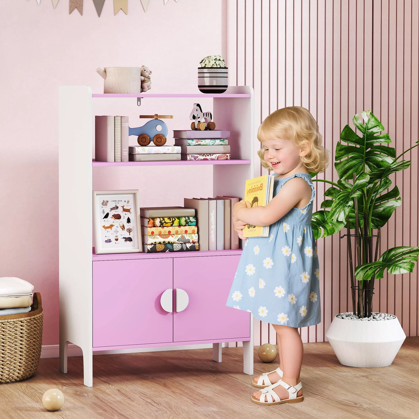 Vaikiška knygų lentyna, 2 lentynos, 2 spintelės, laisvai pastatoma, apsaugos nuo apvirtimo dizainas, neslystančios kojelės, MDF, Rožinė+Balta