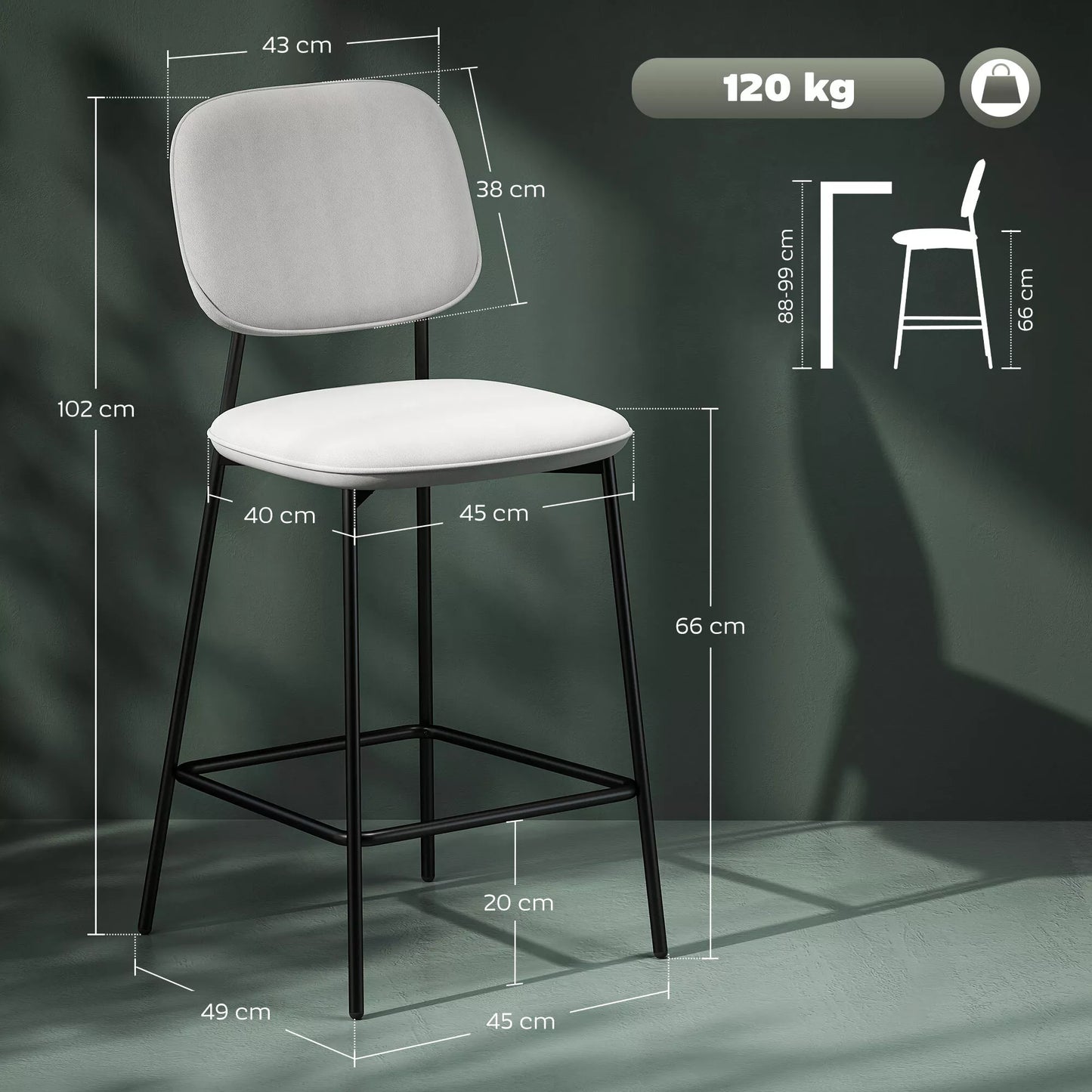 Baro kėdžių komplektas, 2 vnt. minkštų kėdžių su aksomo užvalkalu ir pakoju, plienas ir aksomas, 45x49x102 cm, šviesiai pilka