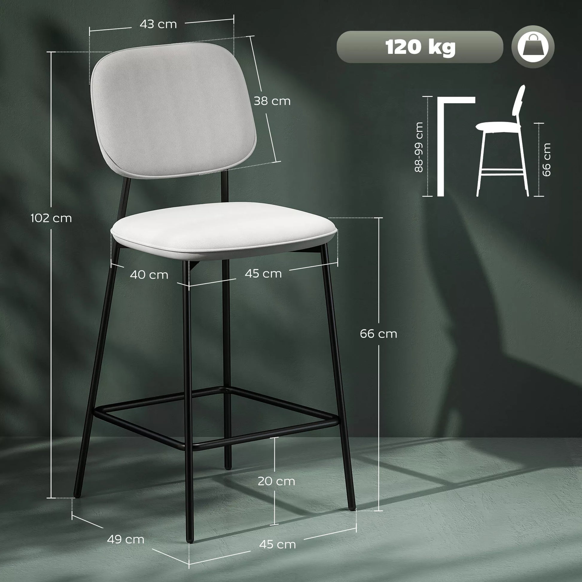 Baro kėdžių komplektas, 2 vnt. minkštų kėdžių su aksomo užvalkalu ir pakoju, plienas ir aksomas, 45x49x102 cm, šviesiai pilka