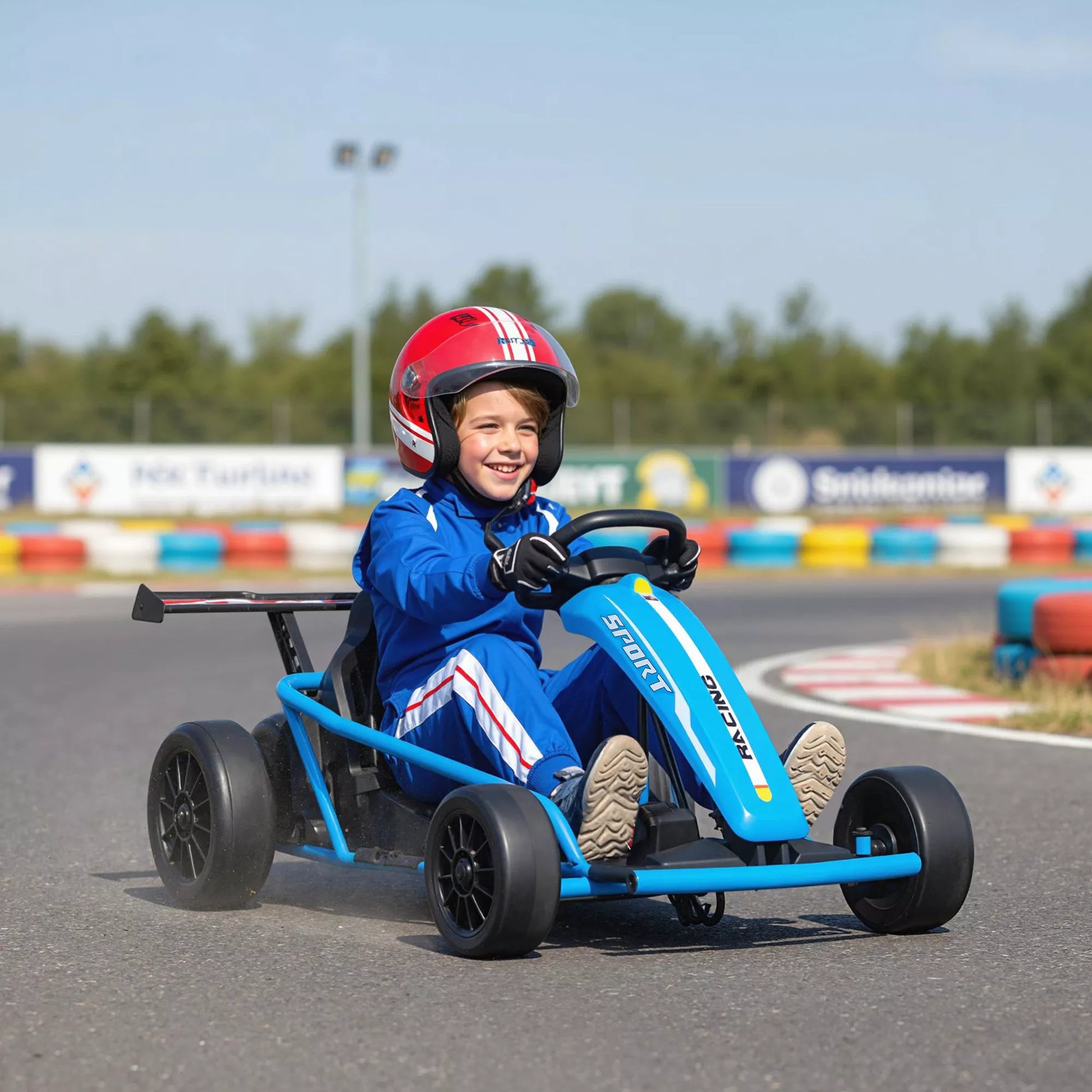24V elektrinis Go-Kart, skirtas važiuoti ir slysti, nailoniniai ratai, saugos diržas, garsinis signalas, muzika 8-12 metų vaikams Mėlynas