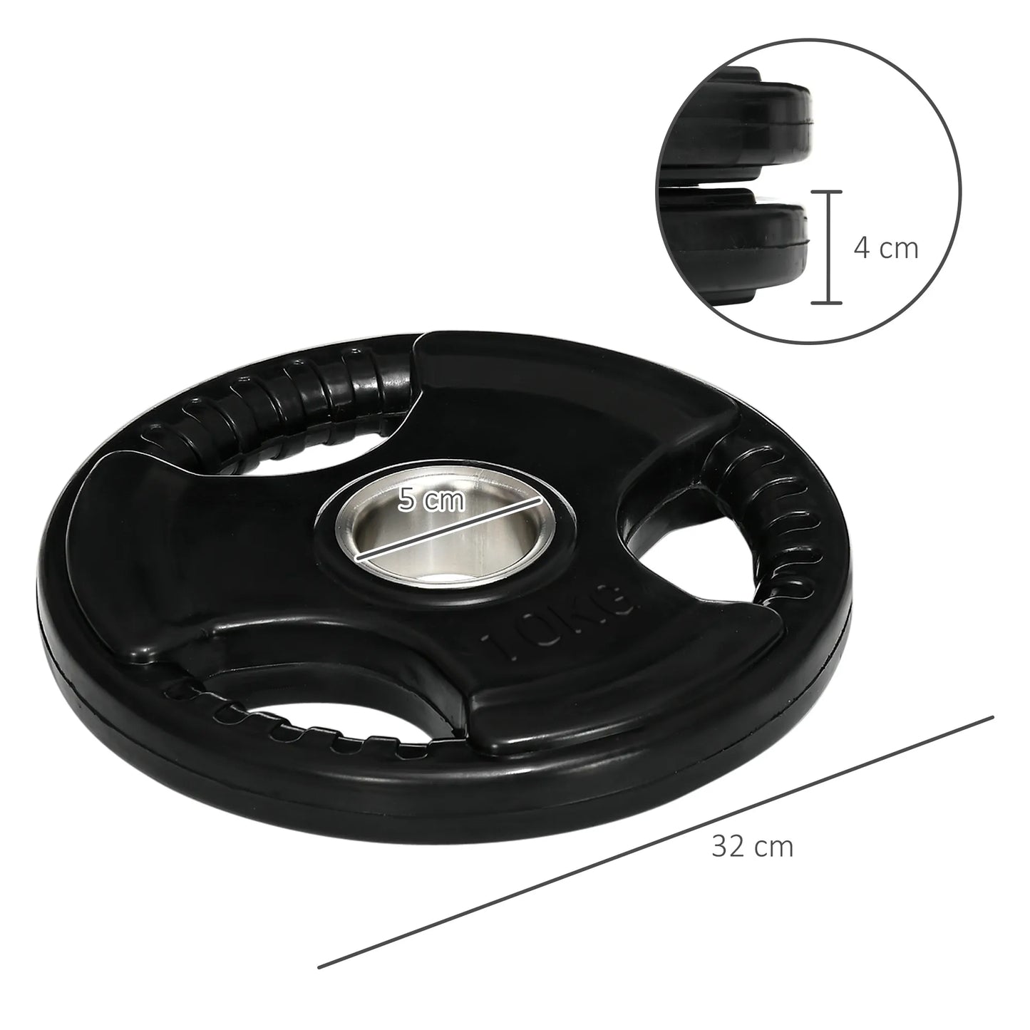 Hantelio diskas, 2 vnt. rinkinys, 10 kg vienam diskui, trys rankenos, grindų nebraižantis gumos apvalkalas, metalas