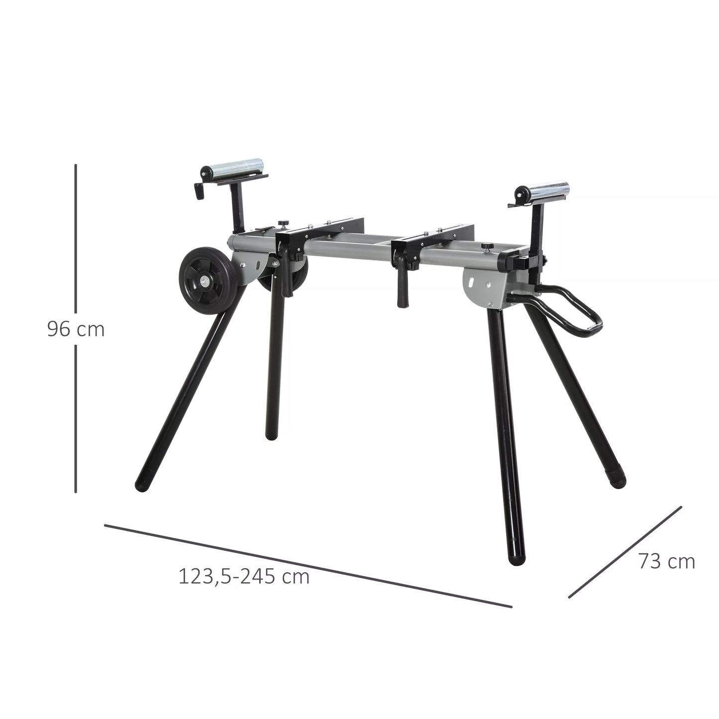 Stovas skersavimo pjūklams, darbastalis skersavimo ir kampinio pjovimo pjūklams, pjūklo stovas, plienas, juoda+sidabrinė, prailginimas šone 123,5–245 cm