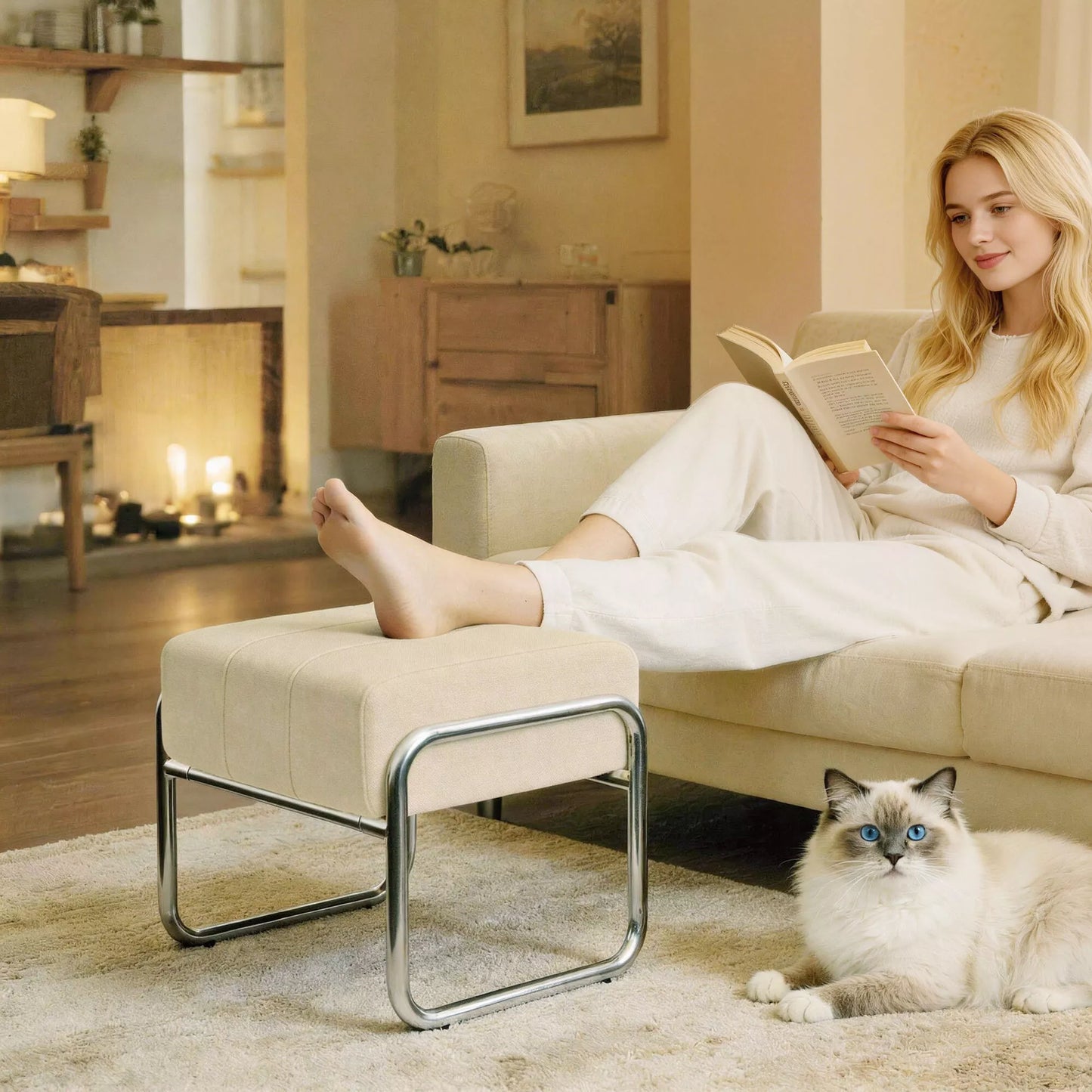 Pėdų pufas Sėdimoji kėdė Storas paminkštintas pufas su šenilio audiniu ir plieninėmis kojomis miegamajam, smėlio spalvos