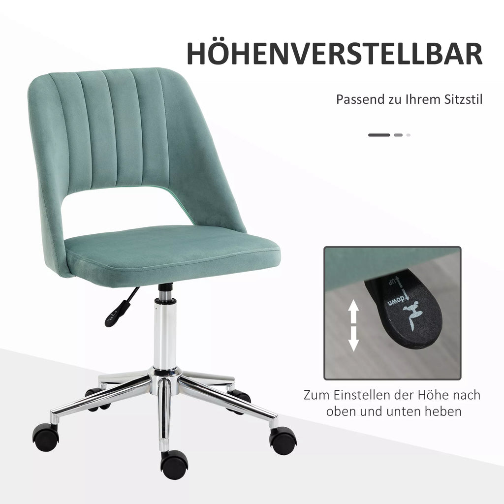 Aukščio reguliuojama rašomojo stalo kėdė su ratukais, pasukama 360°, kriauklės formos, putplastis, 49 x 60 x 79–91 cm, žalia