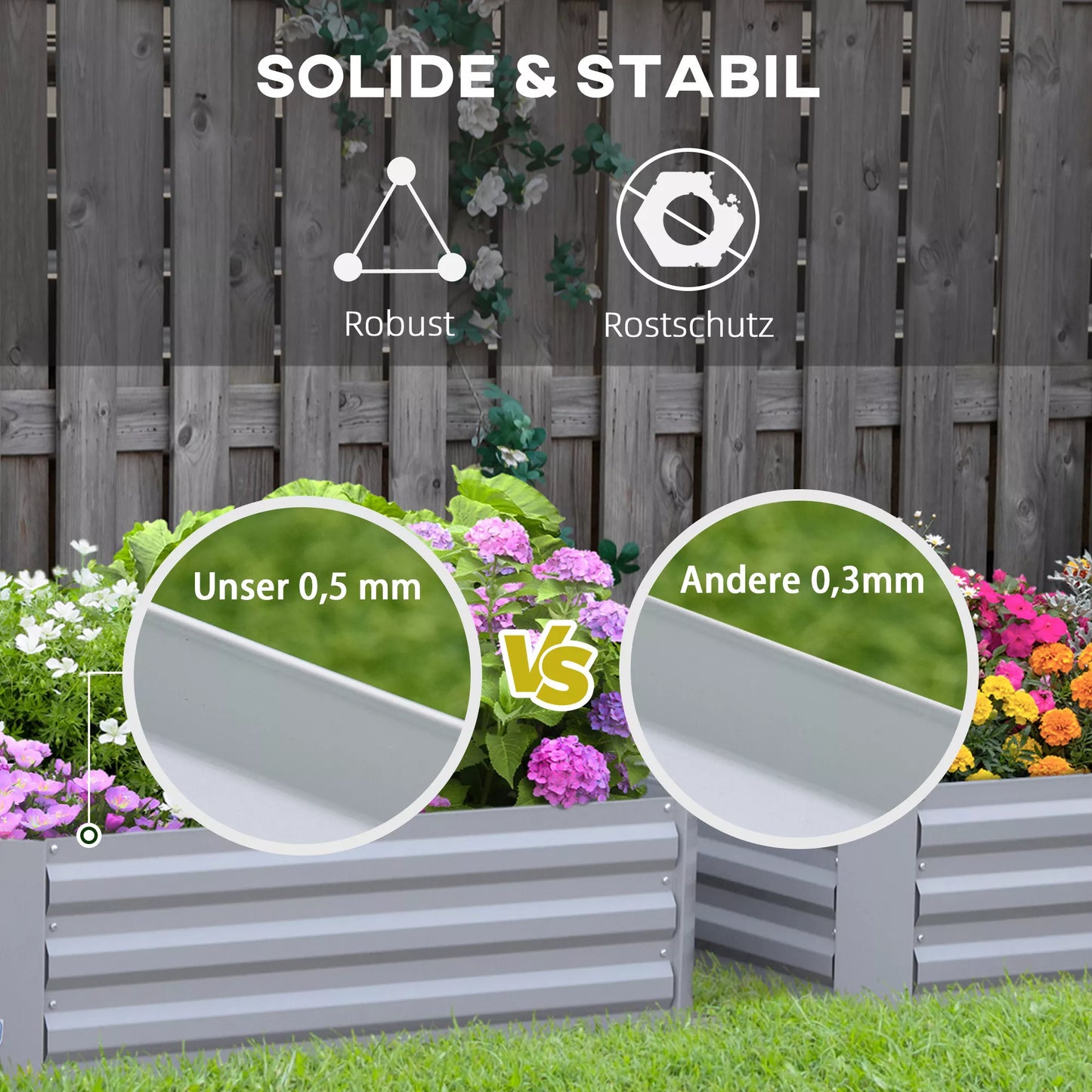 Augalų dėžė, 2 vnt. rinkinys, gėlių dėžė, atviras dugnas, plieno rėmas, pilka, (2 x) 100 x 100 x 30 cm