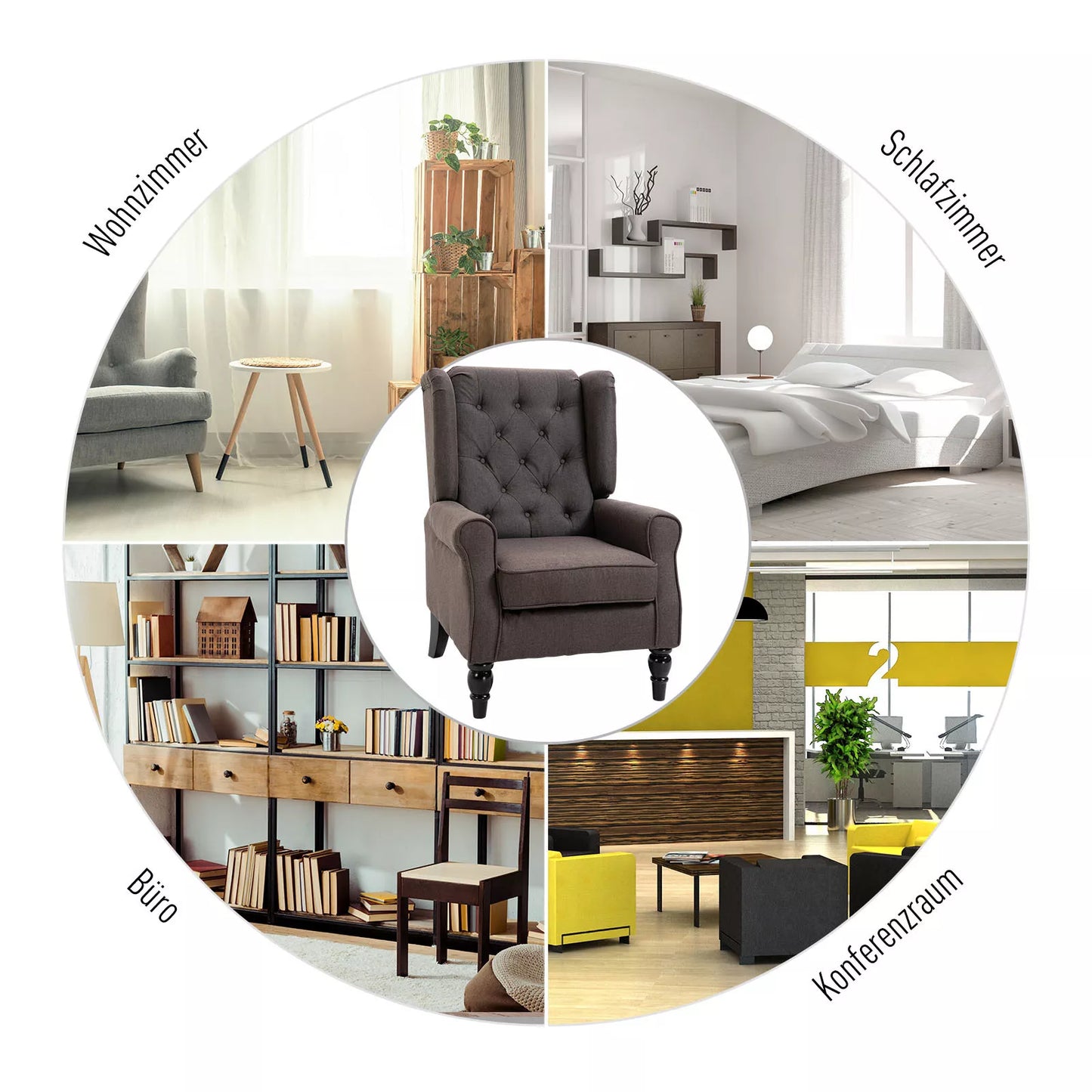 HOMCOM Minkštas krėslas su kapitoniniu dygsniu, aukšta atlošo atrama, apmuštas, poilsio krėslas su užapvalintais porankiais, medinės kojos, miegamajam, svetainei, iki 160 kg, rudas