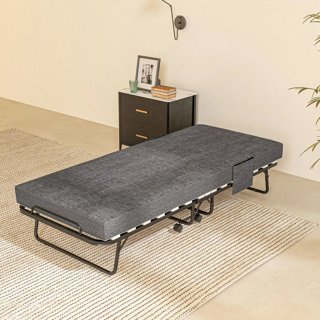 Sulankstoma lova, čiužinys, 4 ratukai, metalinis rėmas, iki 150 kg, 190 x 80 x 42 cm, tamsiai pilka