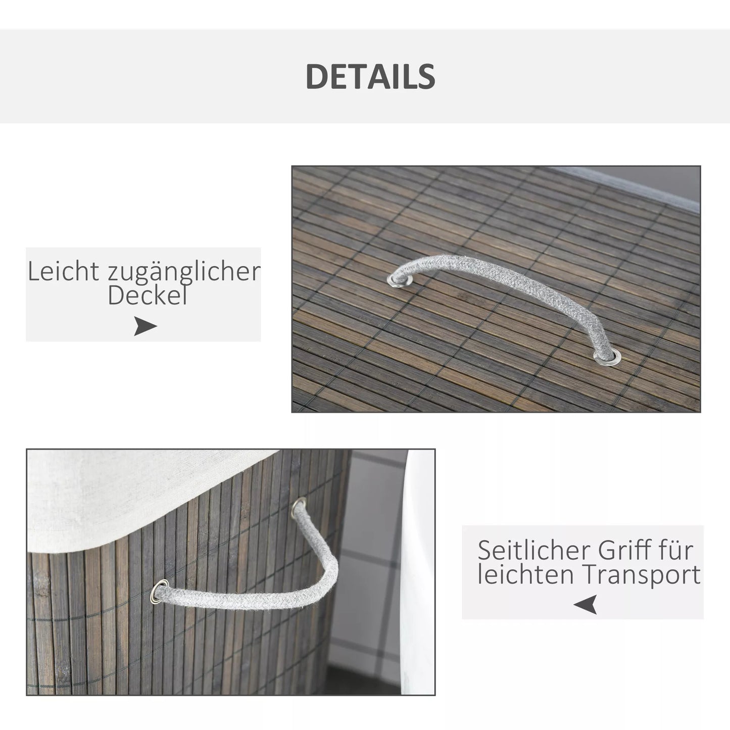 100L skalbinių krepšys su 3 rankenomis, su skalbiamu maišeliu, Bambukas, poliesteris, medvilnė, metalas, 52 x 32 x 63 cm, Pilkas