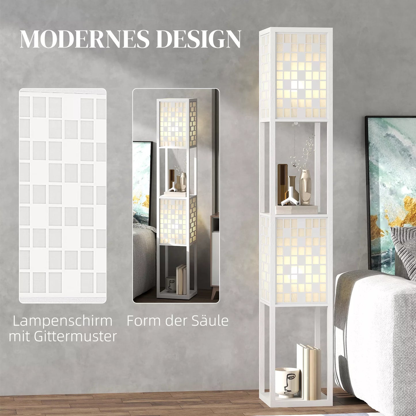 Pastatomas šviestuvas, grotelių raštas, 2 pakopų lentynos, tinka įvairioms lemputėms, balta