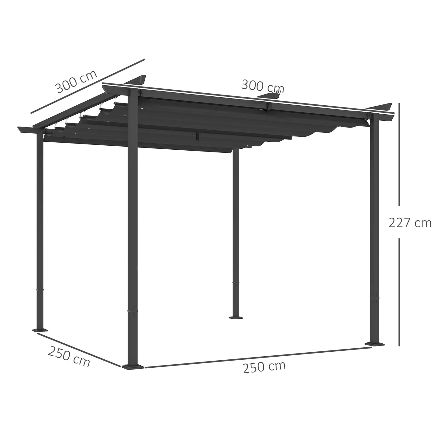 3 x 3 m sodo pergola su reguliuojamu stogu, metaliniu rėmu, UPF30+ apsauga, saulės stogu verandoje, terasoje, tamsiai pilka