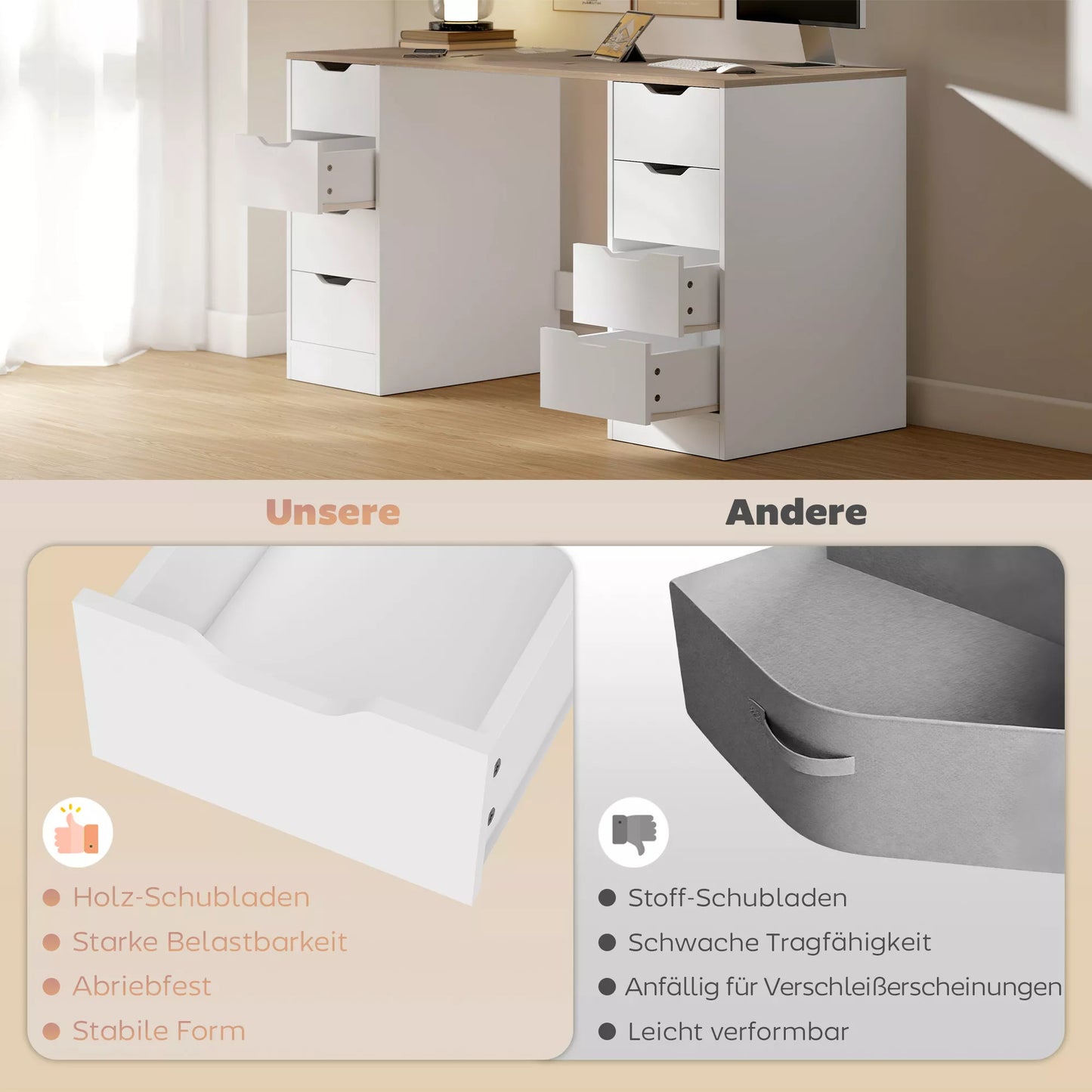 140 cm kompiuterinis stalas, 8 stalčiai, rašomasis stalas namų biurui, miegamajam, plienas, mediena, baltas