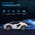 Baltas vaikų Lamborghini automobilis su savybių piktogramomis