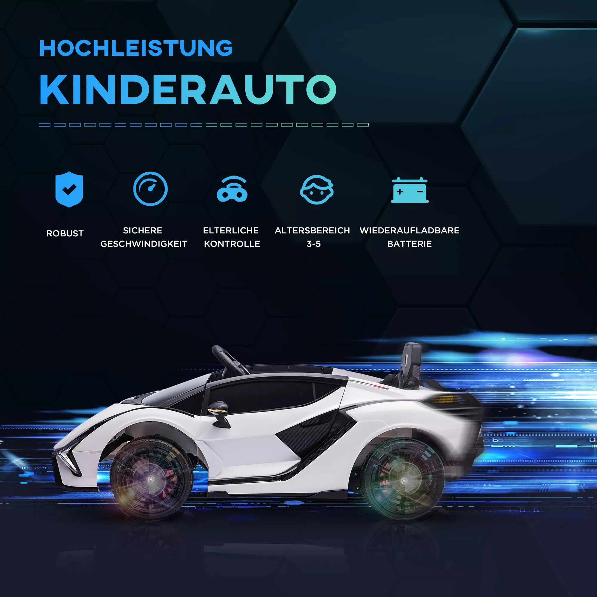 Vaikų transporto priemonė 12 V 2 važiavimo režimai Lamborghini SIAN SUV automobilis-žaislas Elektrinis automobilis su nuotolinio valdymo pultu Muzika (MP3/USB) Apšvietimas 37–60 mėnesių Metalas Balta 108 x 62 x 40 cm