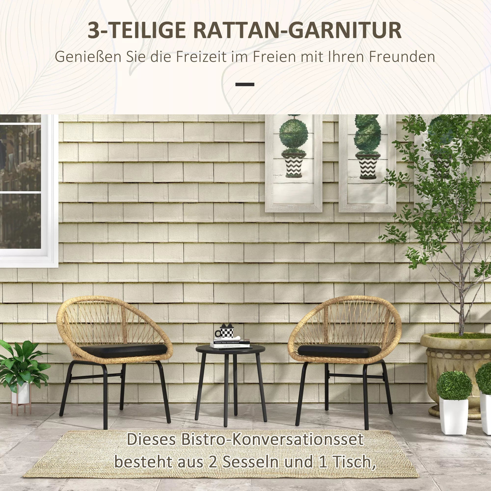 Rattan terasos komplektas, sodo baldų komplektas, 2 kėdės ir stalas, geltonos spalvos