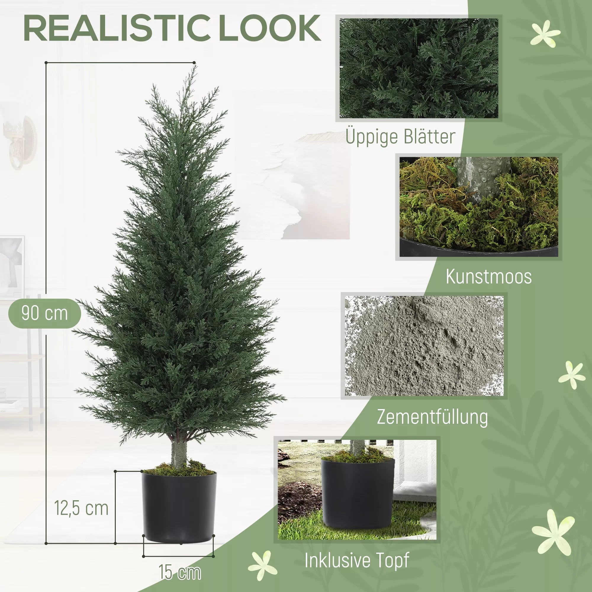 Dirbtinių kiparisų rinkinys su UV apsauga, augalas vazone, plastikas, 2 vienetai, žalia