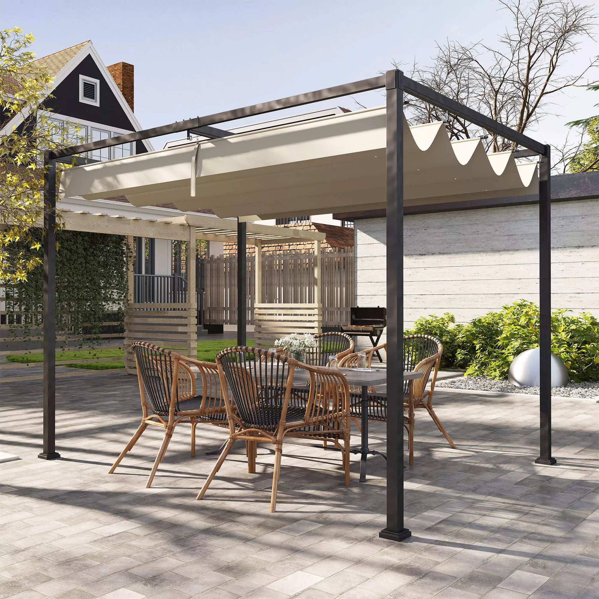 Pergola, tvirta saulės apsauga sodui, balkonui, terasai, pagaminta iš metalo ir plastiko, atspari UV spinduliams ir vandeniui, chaki spalvos