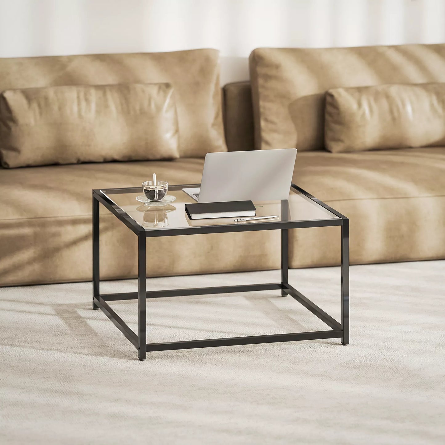 Kvadratinis kampinis staliukas, naktinis staliukas su grūdinto stiklo stalviršiu, kavos staliukas su plieninėmis kojomis 68 x 68 x 39 cm juodas