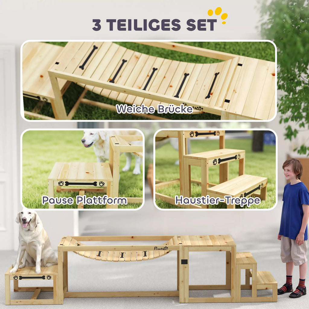 Agility rinkinys šunims, šunų treniruočių konstrukcija su tiltu, laiptais, platforma, pušies mediena, dideliems šunims iki 40 kg
