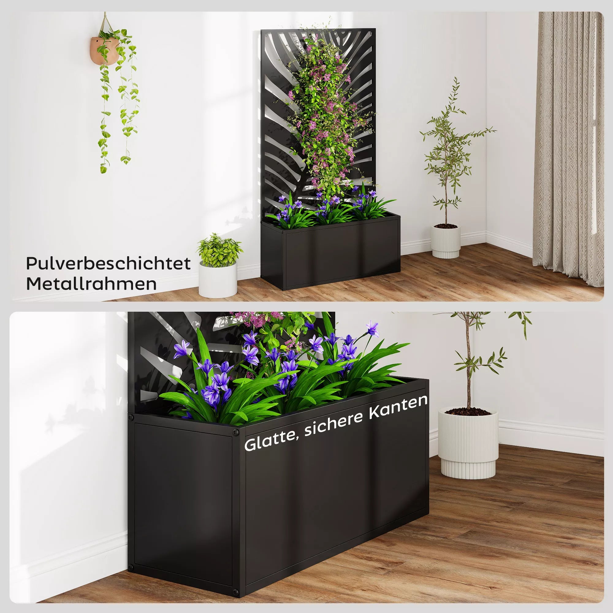 Metalinė pakelta lysvė su sienele, metalinis vazonas su grotelėmis, plienas, 61x23x113 cm, juoda