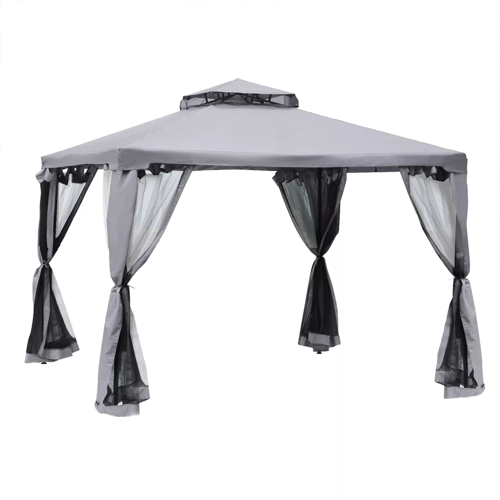 Paviljonas su dvigubu stogu, 3x2 m, atsparus vandeniui, stabilus, atsparus žiemai, su moskitine tinklele, šoninėmis dalimis, metalinis sodo paviljonas, skirtas sodui, terasai, šviesiai pilkos spalvos.