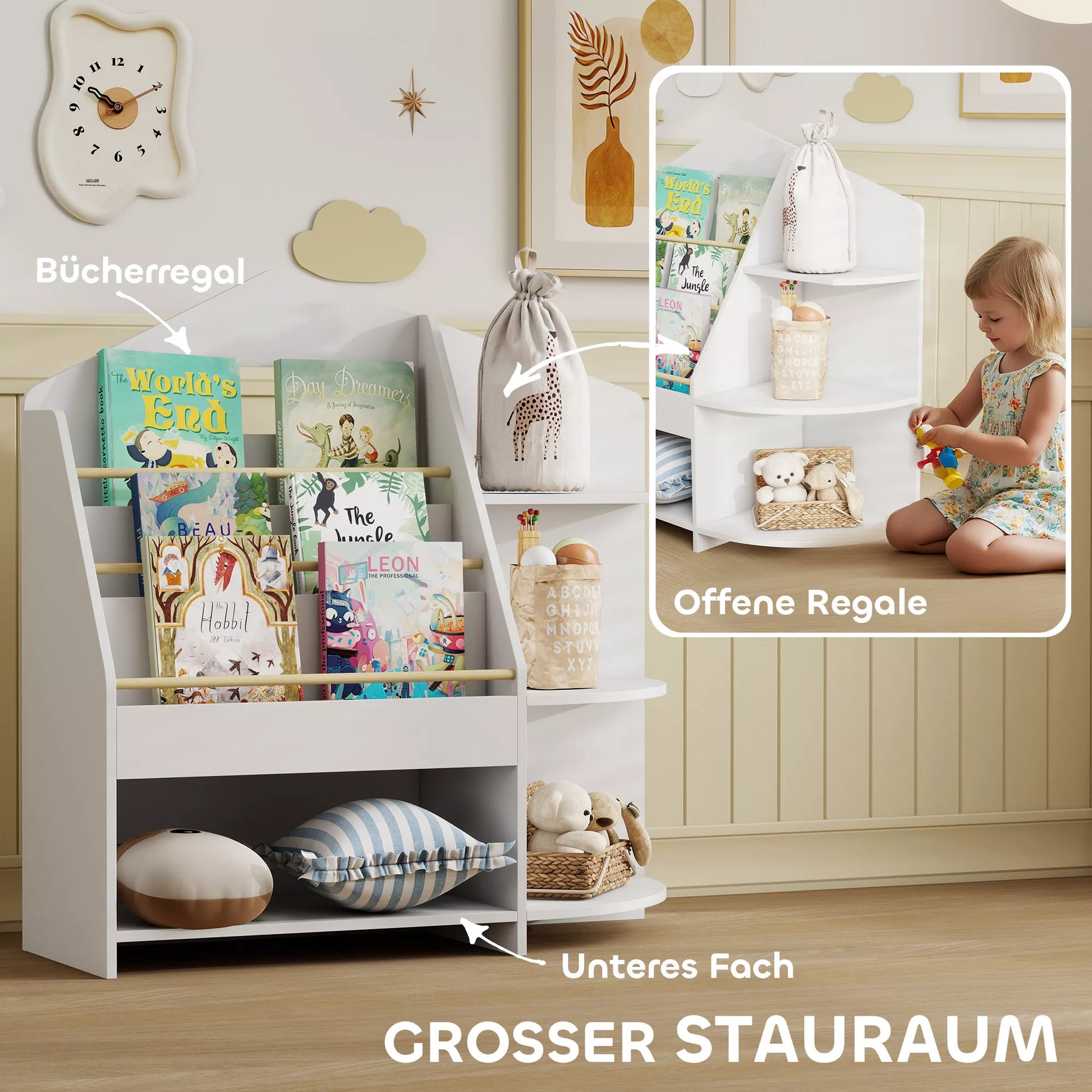 Vaikų lentynos su 7 lentynomis knygoms, žaislams, su apvaliais kraštais, atlaiko 40 kg svorį, baltos spalvos