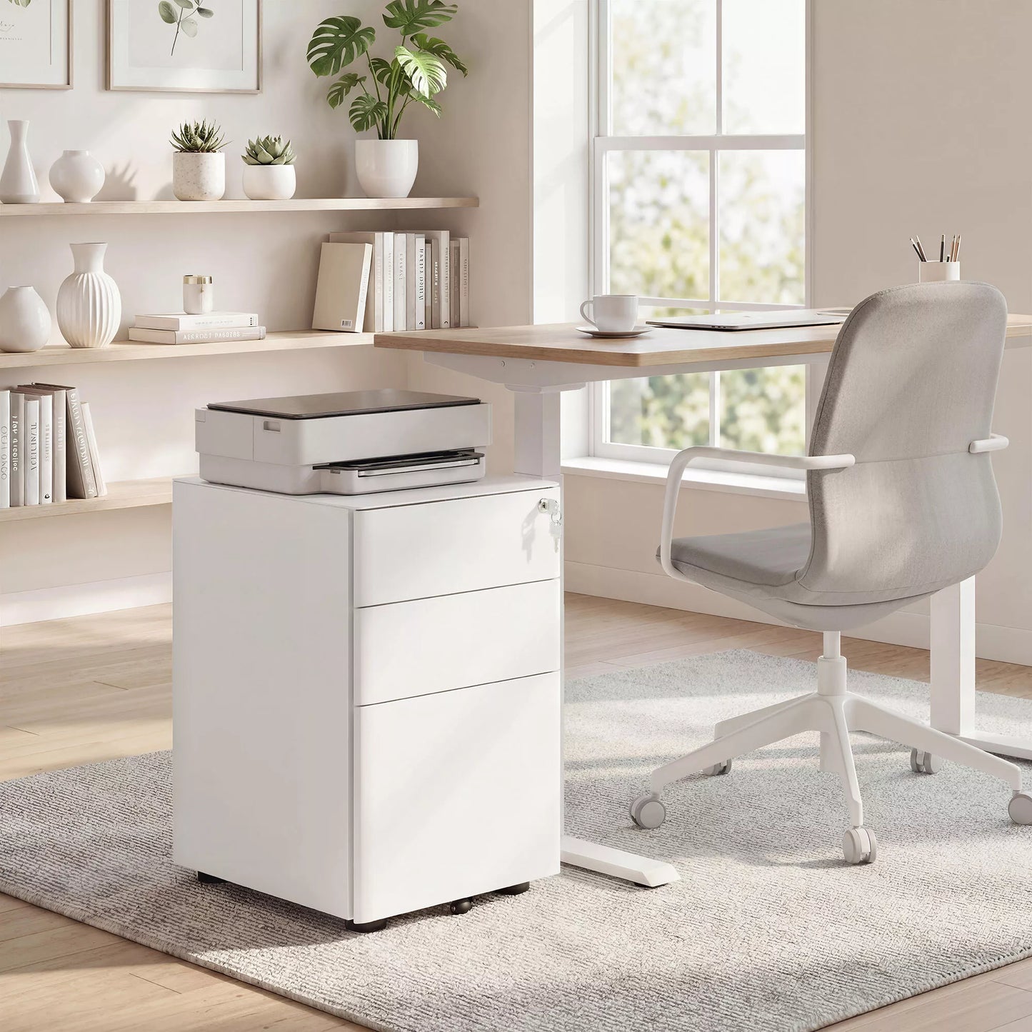 Ratinis konteineris su 3 stalčiais, mobilus dokumentų spintelė su ratukais, užrakinama, biuro spintelė su pakabinamais dokumentų dėklais, rašiklių dėklas, biuro konteineris biurui, namų biurui, 39 x 48 x 59 cm, balta spalva