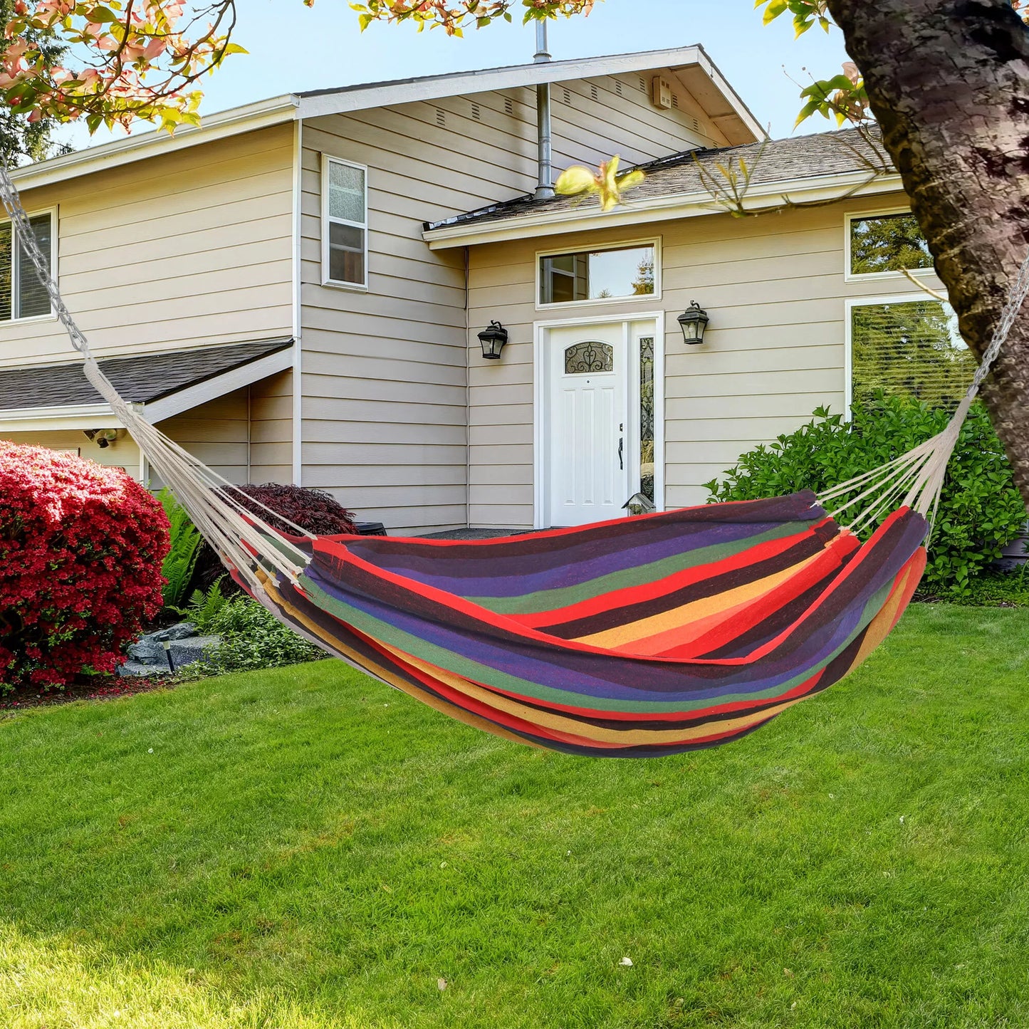 Lauko hamakas iš medvilnės su nešimo maišeliu, atlaiko iki 120 kg, modernus, 290 x 150 cm, įvairių spalvų