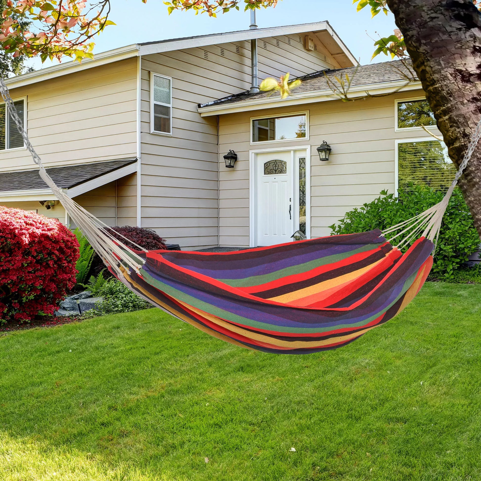 Lauko hamakas iš medvilnės su nešimo maišeliu, atlaiko iki 120 kg, modernus, 290 x 150 cm, įvairių spalvų