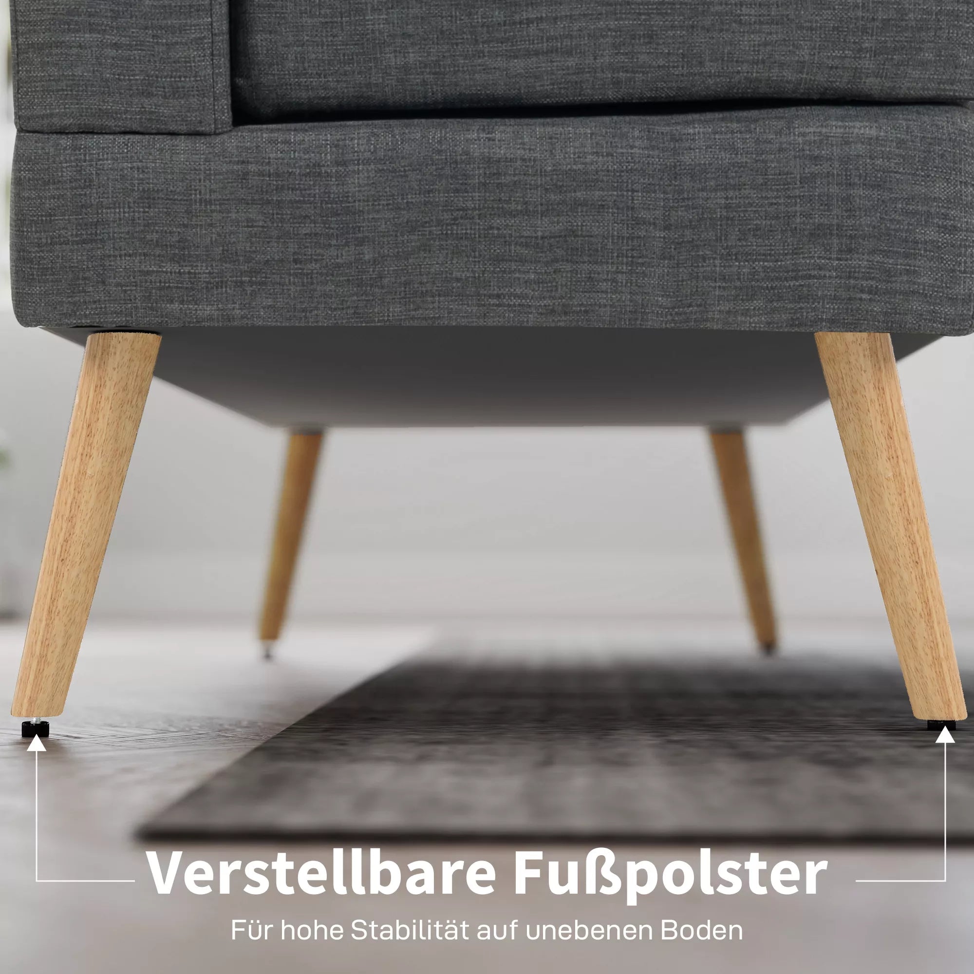 2 vietų sofa, su dygsniuota atlošu, medinėmis kojelėmis,  storu paminkštinimu, linine išvaizda,  mažoms erdvėms, pilkos spalvos