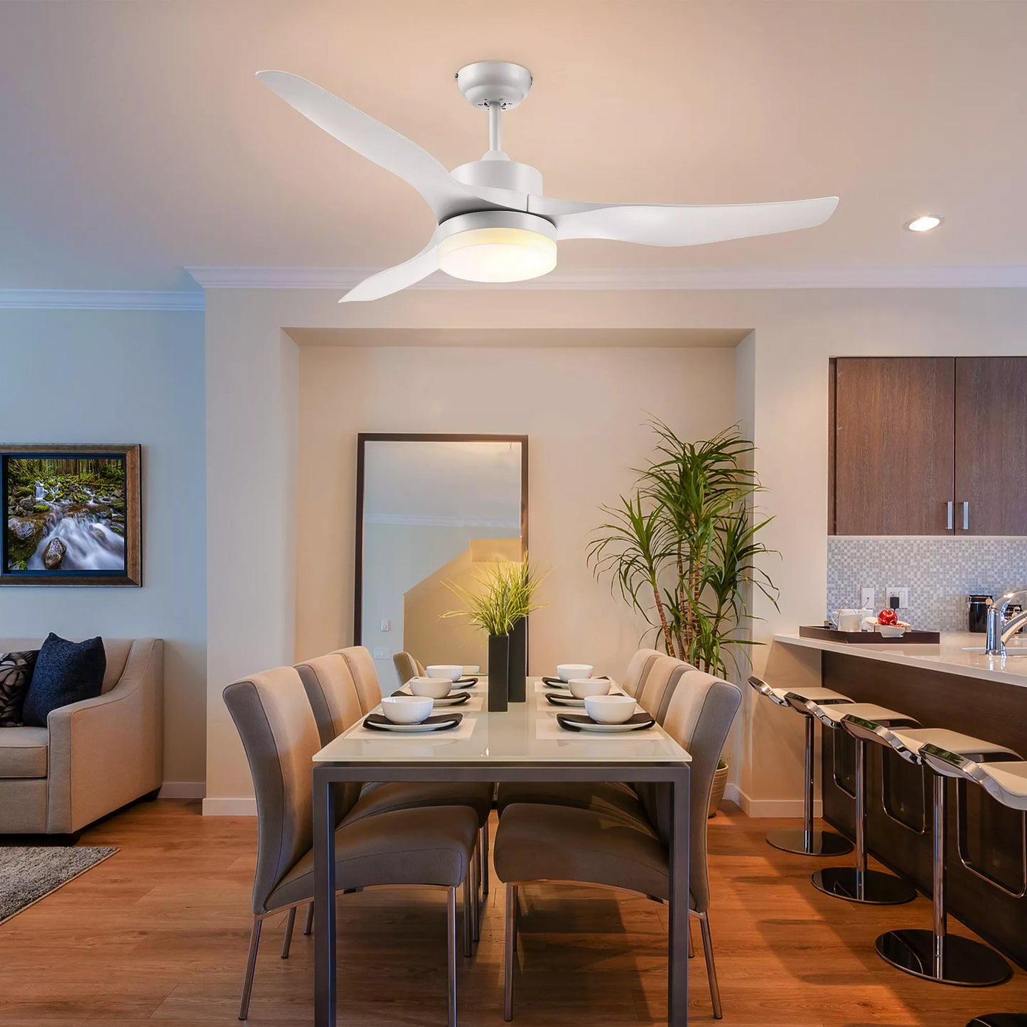 Lubų ventiliatorius su LED apšvietimu, 2-in-1 dizainas, su laikmačiu, nuotolinio valdymo pultu, lubų šviestuvas su ventiliatoriumi, baltas