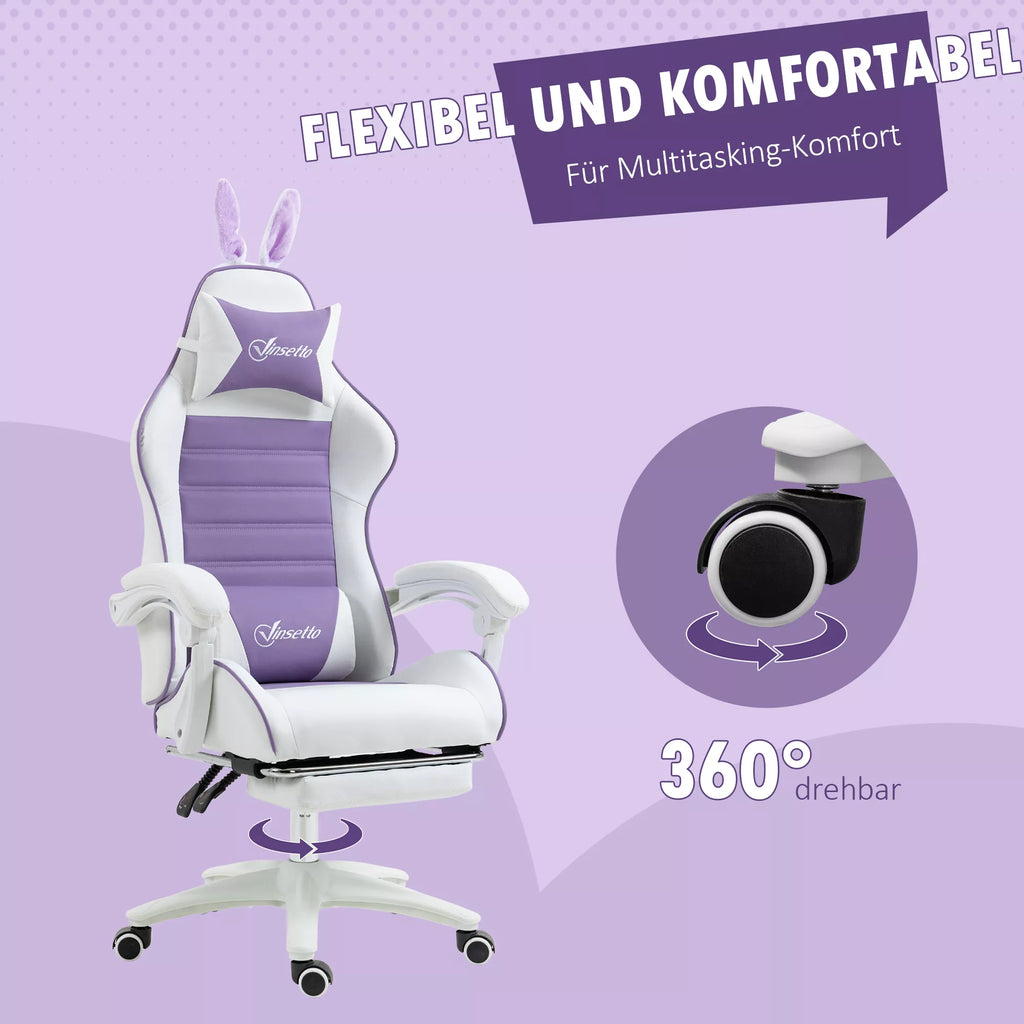 Infografika: violetinė kėdė sukasi 360 laipsnių su stabilia pagrindu