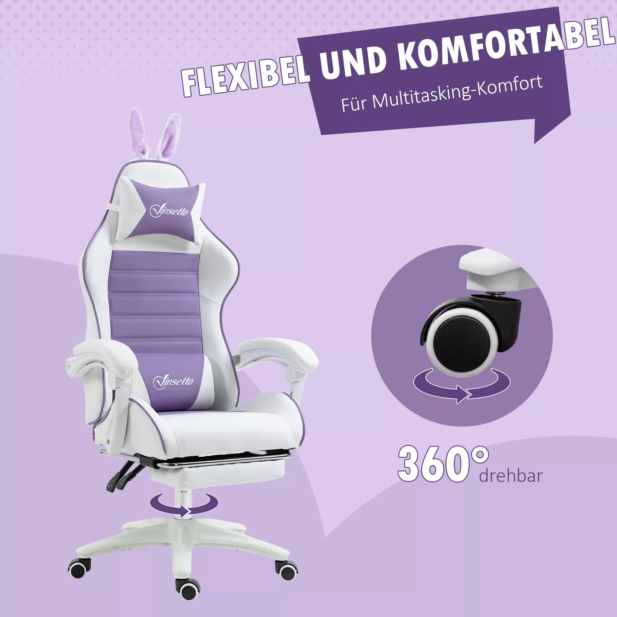 Infografika: violetinė kėdė sukasi 360 laipsnių su stabilia pagrindu