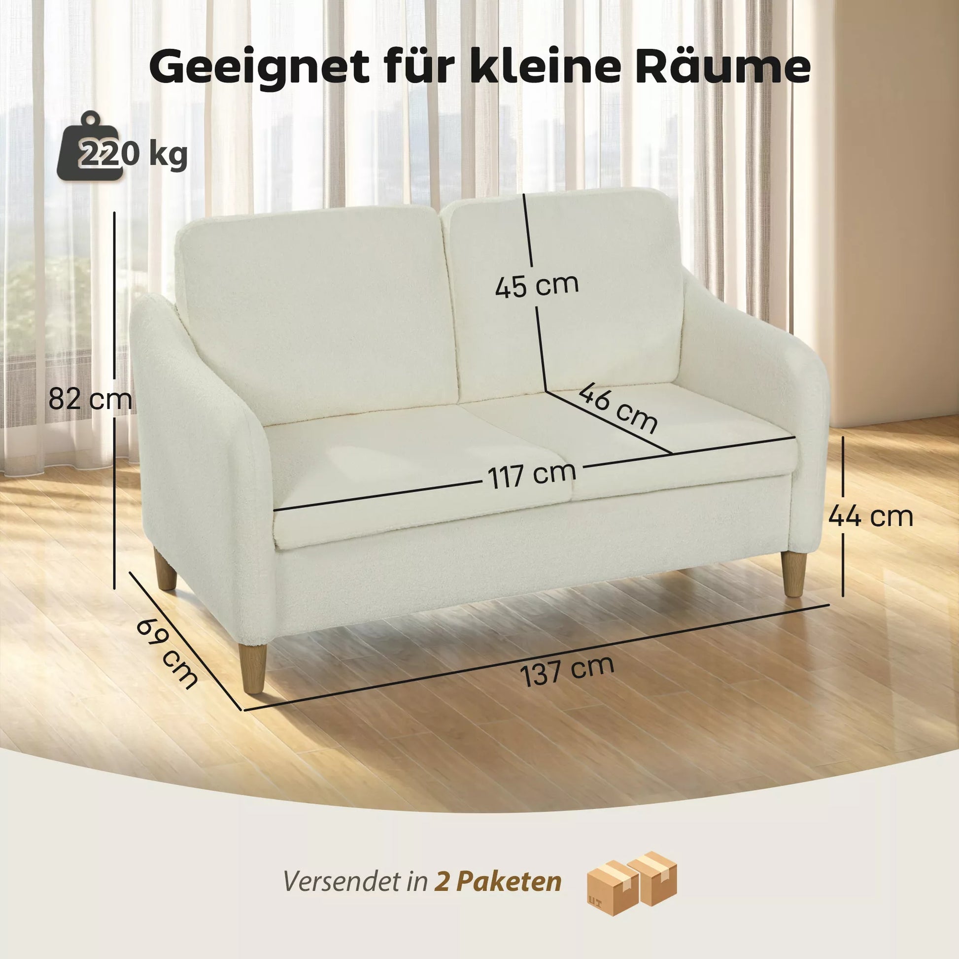 2 vietų sofa, maža sofa su šerpa vilnos išvaizda, 137 cm, skirta svetainei, kreminė balta
