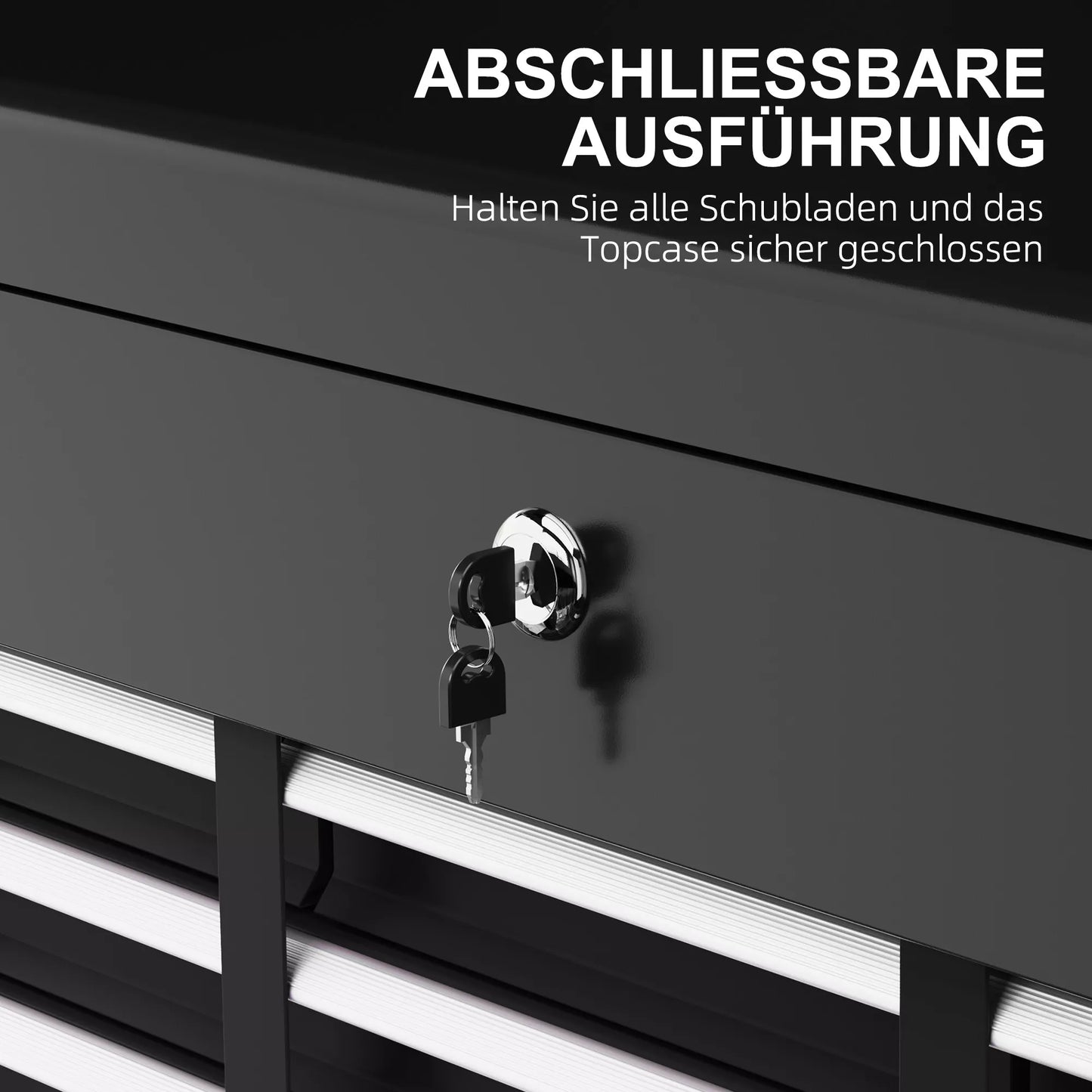 Užrakinama įrankių dėžė, 3 stalčiai, plieninė konstrukcija, 60x26x34cm, juoda